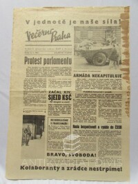 kolektiv, autorů, Večerní Praha 22. 8. 1968 - zvláštní vydání: V jednotě je naše síla!; Protest parlamentu; Armáda nekapituluje atd., 1968